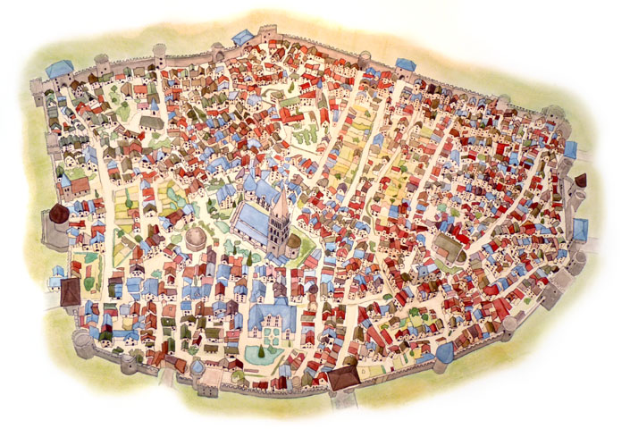 Gap en 1550, d’après aquarelle de Sylvaine Béraud (au musée Muséum départemental)