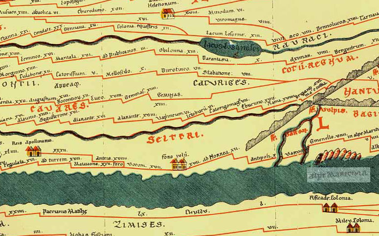 Extrait table de Peutinger centrée de Vapincum à Eburodunum 